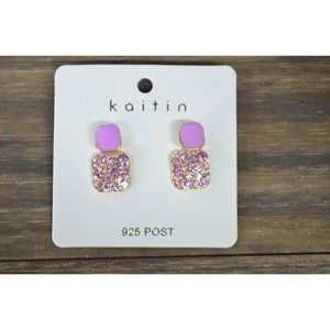 Kaitin 925 Post Earrings Purple Rhinestone Gold Tone Sterling Drop